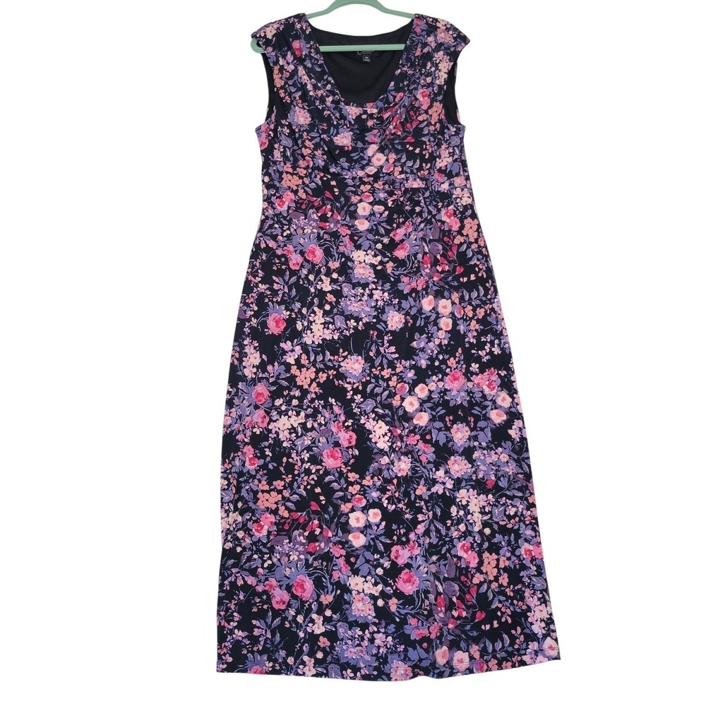 NWT Connected Apparel Navy Floral Midi Dress with Pink & Purple Flowers